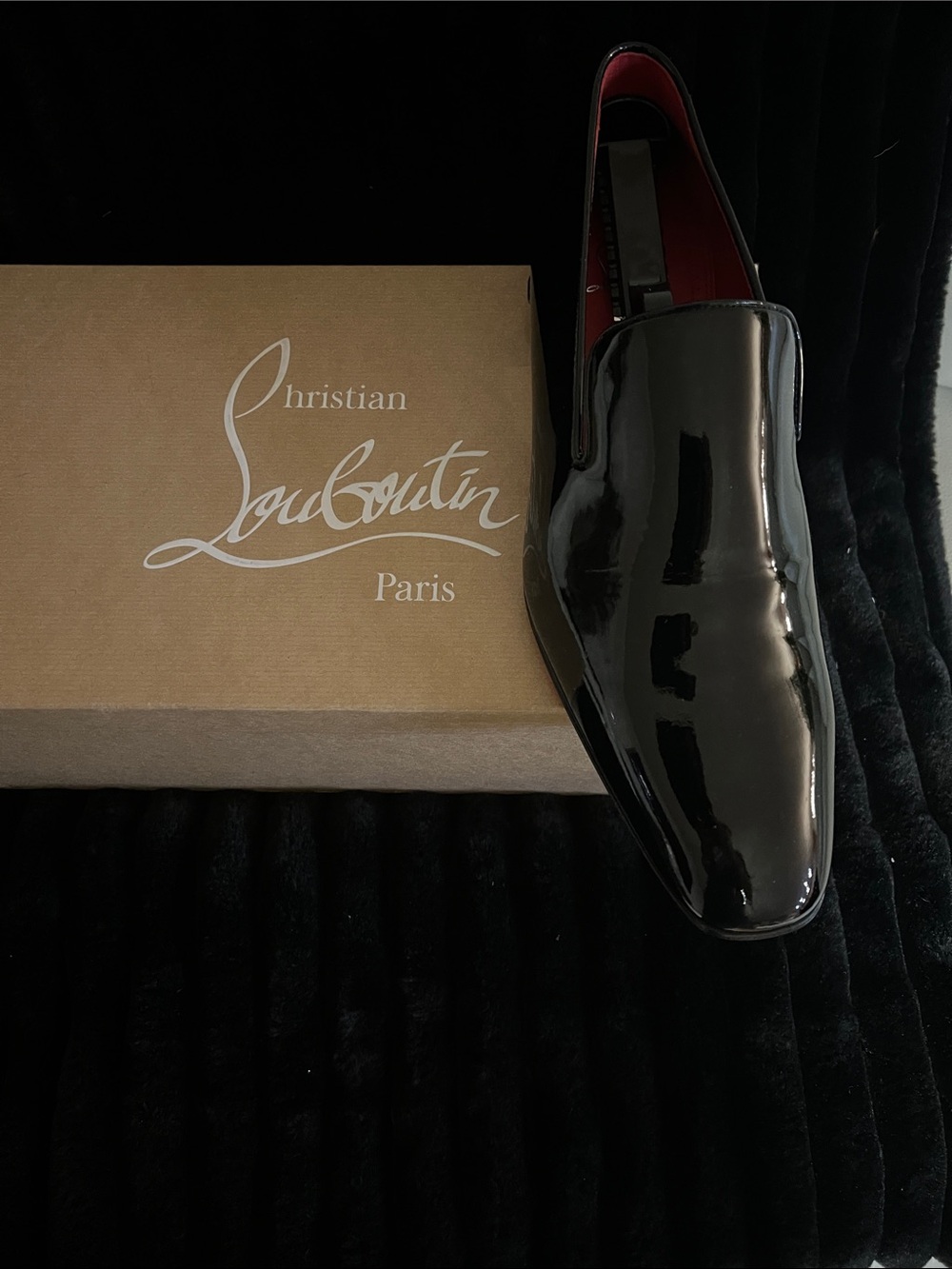 Christian Louboutin Black Patent Leather Slip-On Loafers with Red Lining